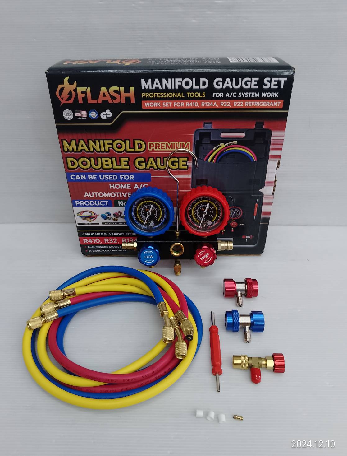 FLASH ชุดเกจวัดน้ำยาแอร์ พร้อมสาย 36 นิ้ว และอุปกรณ์ครบชุด R410, R32, R134A, R22 No.FS-AC002