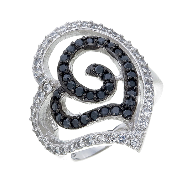 แหวนทองคำขาว ประดับเพชร CZ แหวนทรงลายเส้นดัดเป็นรูปหัวใจ 2 ดวง ทับกันฝังเพชรกลมดำและเพชรกลมขาว สวยโดดเด่น คุณภาพจัดเต็ม รับประกันไม่มีผิดหวัง