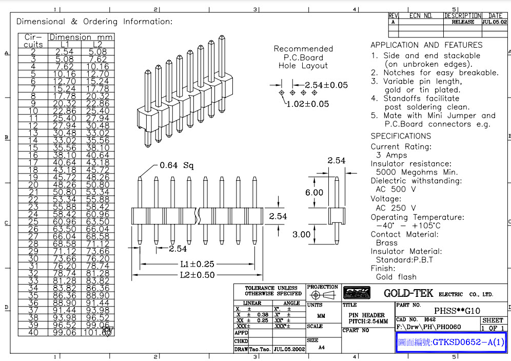 1x พินเฮดเดอร์ตัวผู้ ขาตรง 1x40 ขา พิทซ์ 2.54 มม.