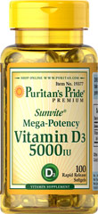 ผลิตภัณฑ์อาหารเสริม Puritan's Pride Vitamin D3 5000 IU / 100 Softgels