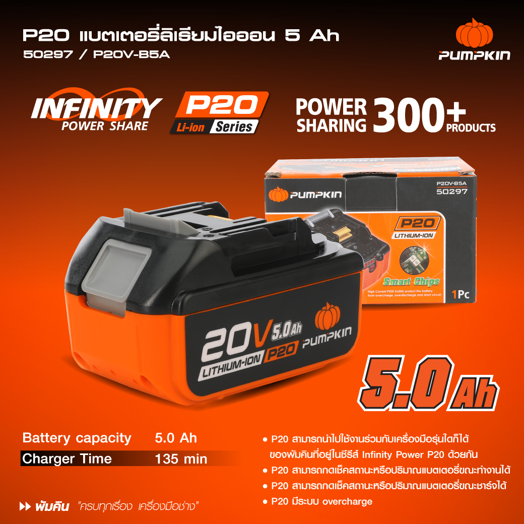 PUMPKIN P20 แบตเตอรี่ลิเธียมไอออน ขนาดความจุ 5.0Ah P20V-B5A 50297
