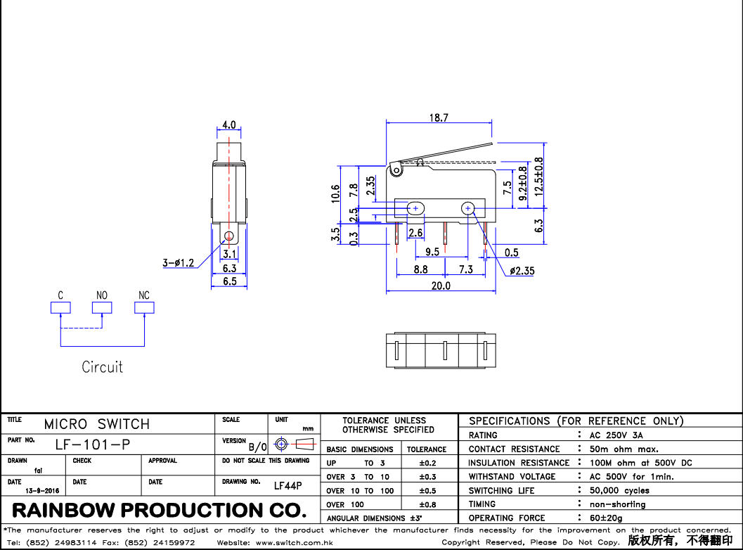 1x ไมโครลิมิตสวิตซ์ 3A 250VAC NO/NC 1P2T( Micro Limit Switch)