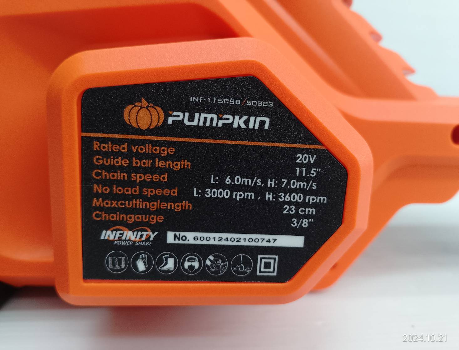 เลื่้อยโซ่ไร้สาย20V 11.5" INF-115CSB-501K PUMPKIN 50384