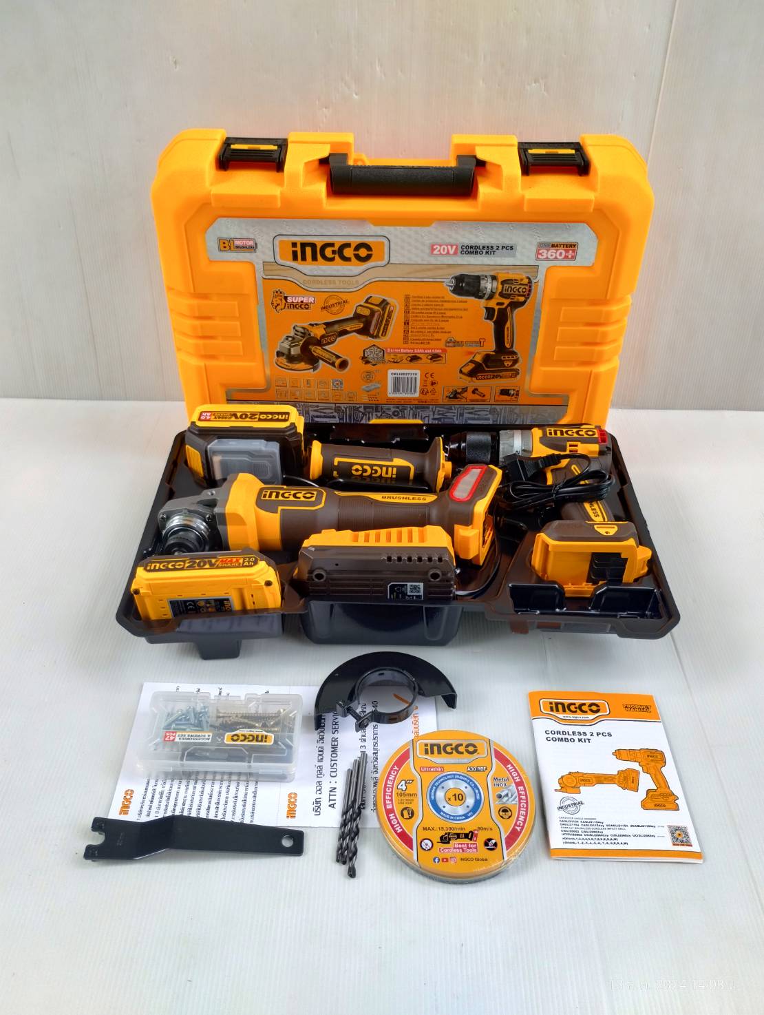 ชุดสว่านกระแทกไร้สาย+เครื่องเจียรแบตเตอรี่ 4นิ้ว รุ่น CKLI2027310 INGCO