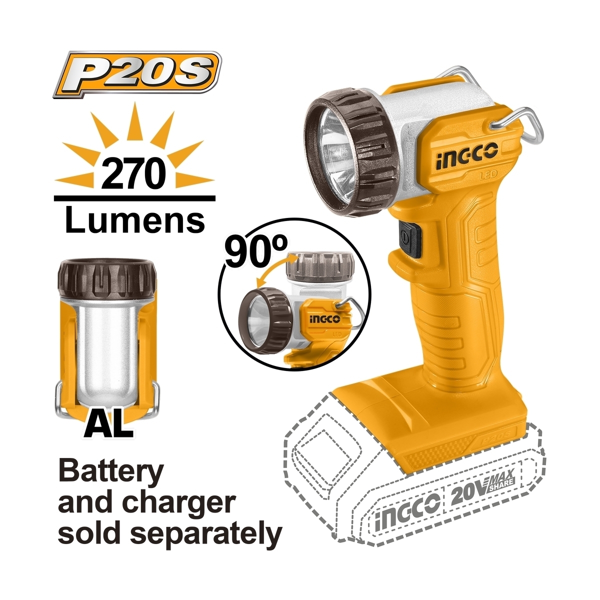 INGCO ไฟฉายLED 20V ปรับหัวได้ 90โองศา 5W รุ่น CWLI2038 (ตัวเปล่า)