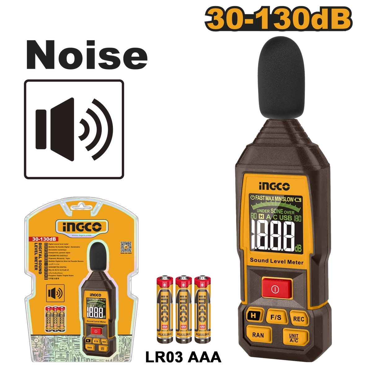 INGCO เครื่องวัดระดับเสียงดิจิตอล รุ่น HETSL031 ช่วงการวัด 30-130 dB จอแสดงผลแบบ LCD Black light
