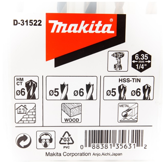 ชุดดอกสว่านก้านหกเหลี่ยม5ชิ้น MAKITA D-31522