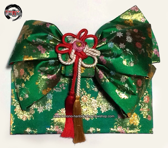 โอบิผ้าทอโบว์สำเหร็จ(M)สีเขียวดิ้นทอง