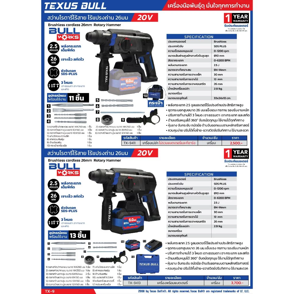 TEXUS BULL สว่านโรตารี่ไร้สาย 26มม. 3ระบบ 20V Rotary Hammer TX-9411 (ตัวเปล่า)