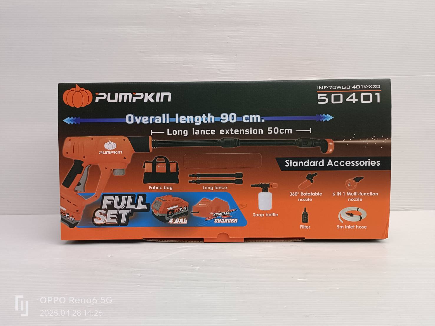 PUMPKIN เครื่องฉีดน้ำแรงดันสูงไร้สาย 20V INF-70WGB-401K-X20/ 50401 (ครบชุด)