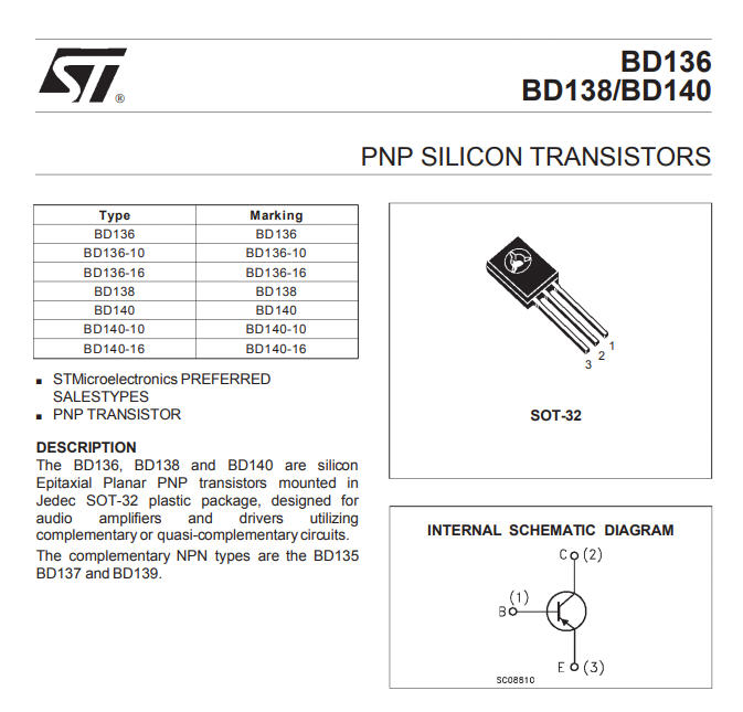 1x BD140 PNP ทรานซิเตอร์ 80V 1.5A ยี่ห้อ ST Microelectronics