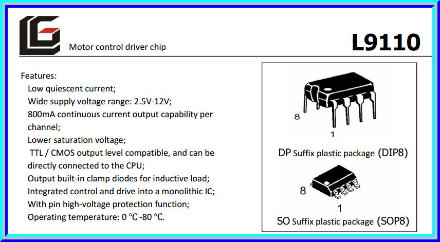 1x L9110H H-Bridge Dual DC motor Stepper motor drive DIP8 PINs IC Chip