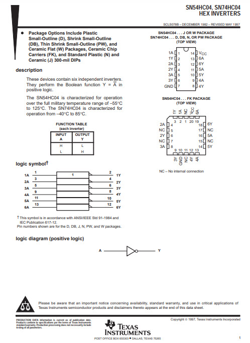 1x SN74HC04N ไอซี Inverter-GATE ยี่ห้อ TEXAS INSTRUMENTS