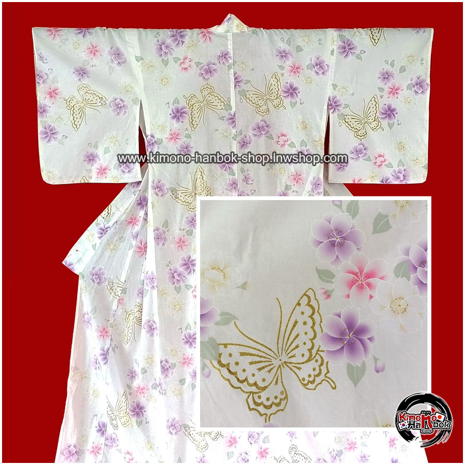 ยูกาตะสีขาวลายดอกไม้+ผีเสื้อสกรีนกากเพชรทอง01 *ผ้าบาง