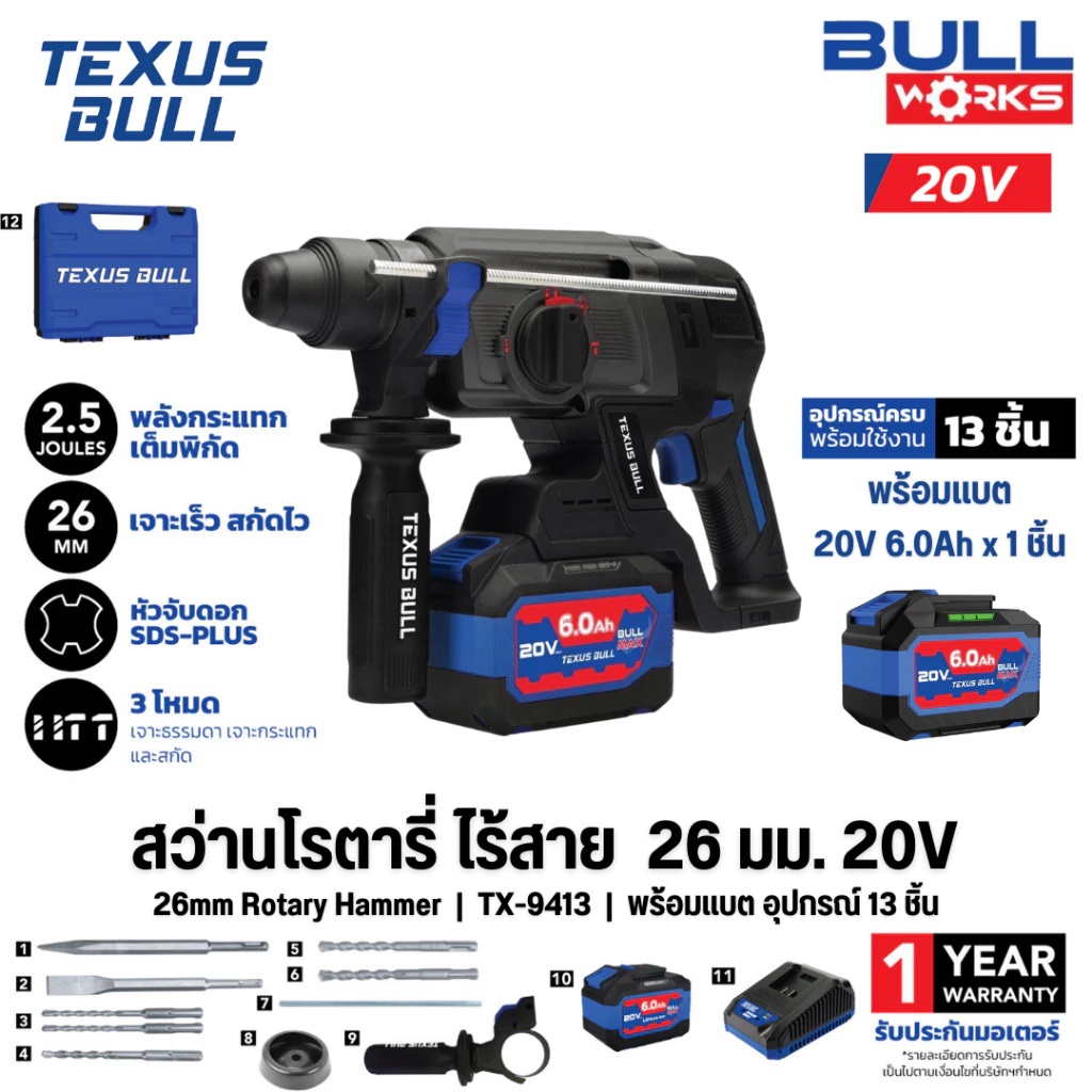 TEXUS BULL สว่านโรตารี่ไร้สาย 26มม. 3ระบบ 20V Rotary Hammer TX-9413 (ครบชุดพร้อมแบต 6.0Ah.)