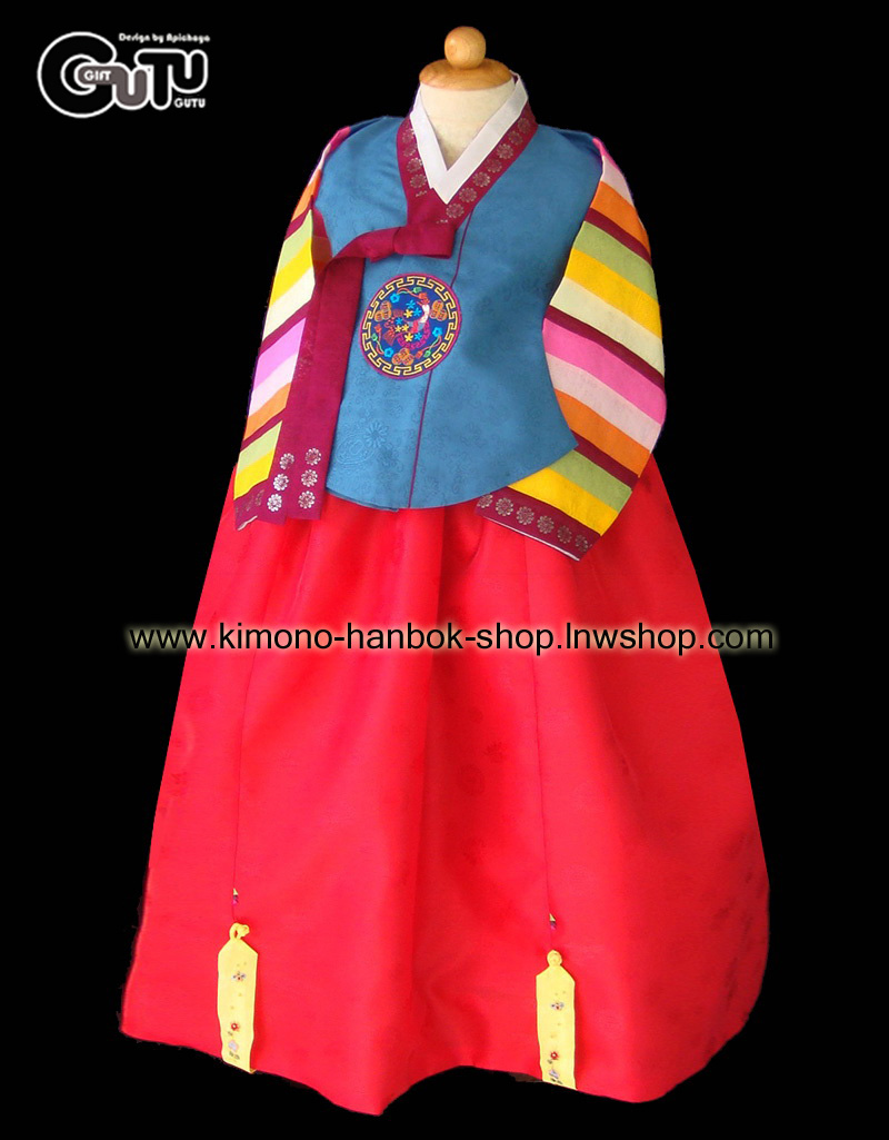 Set.ชุดฮันบกเด็กหญิง(ทังอี)+หมวก โทนสีเขียว-แดง( 7-8 ปี) สูง125cm