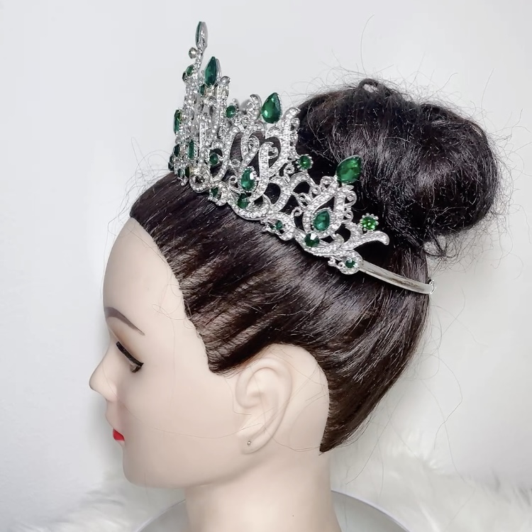 (พร้อมส่งจากไทย) มงกุฏ 114 สีเขียว มงกุฎนางงาม มงกุฎเพชร สวยงามอลังการ ฐานมงวงกลมปรับได้