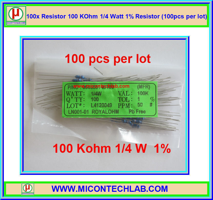 100x Resistor 100 KOhm 1/4 Watt 1% Resistor