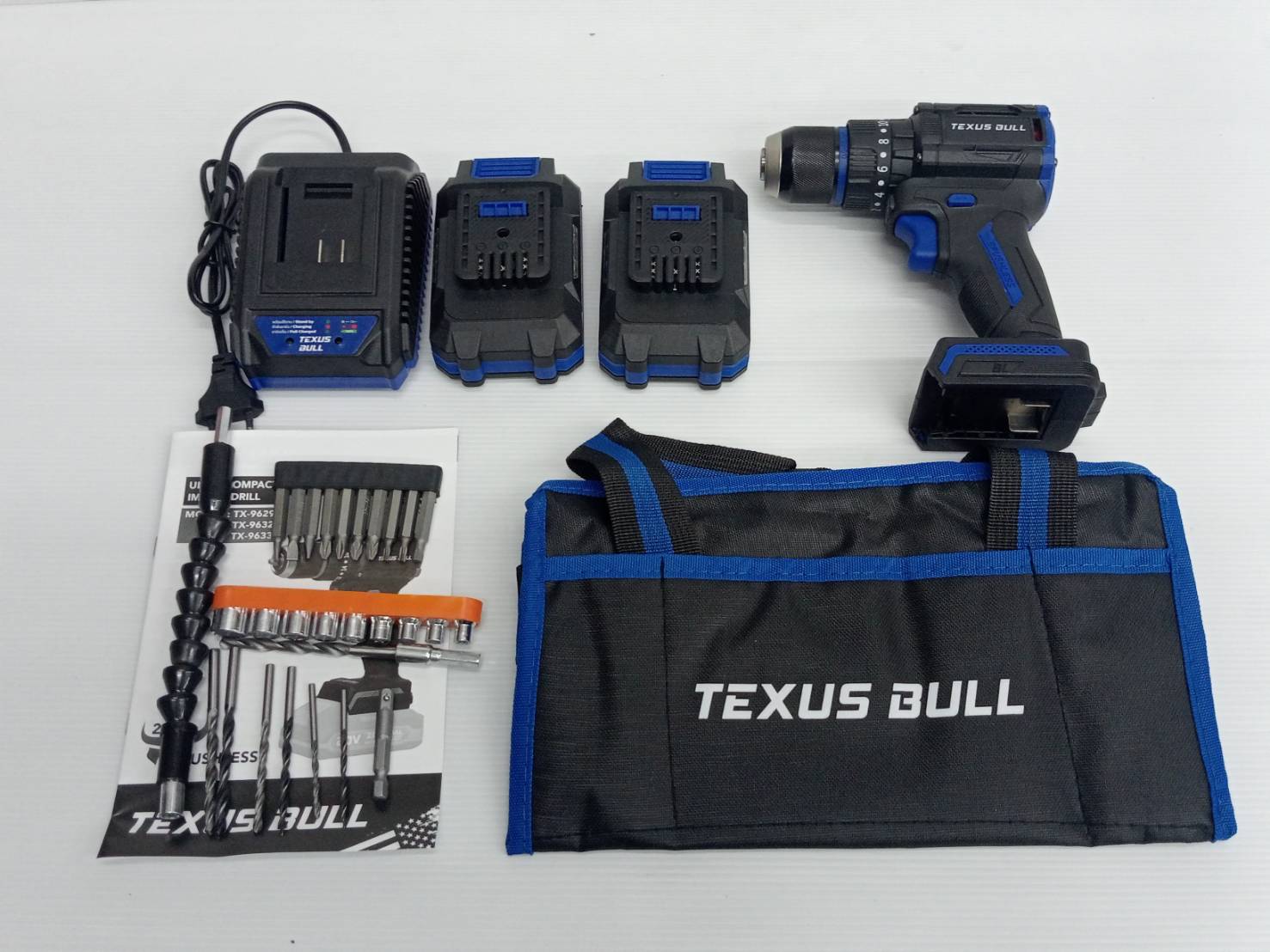 TEXUS BULL สว่านกระแทกไร้สาย คอสั้น 55Nm 20V แบตเตอรี่ 2.0Ahx2 Impact Drill TX-9633