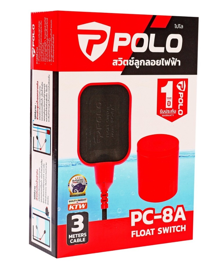 POLO สวิทช์ลูกลอยไฟฟ้า 220 โวลต์ 16 แอมป์ รุ่น PC-8A อุณหภูมิสูงสุด 50°C ระดับการป้องกันน้ำ กับฝุ่น IP68 (โปโล)