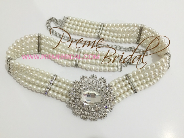 (พร้อมส่ง) เข็มขัดมุกแก้ว-สีเงินเพชรใหญ่ รุ่น3