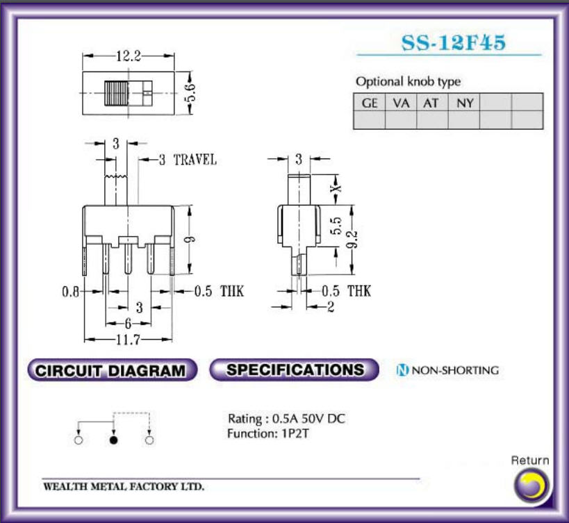 1x สวิตซ์เลื่อนแนวนอน 0.5A/50Vdc 1P2T 3ขา (Slide Switch)