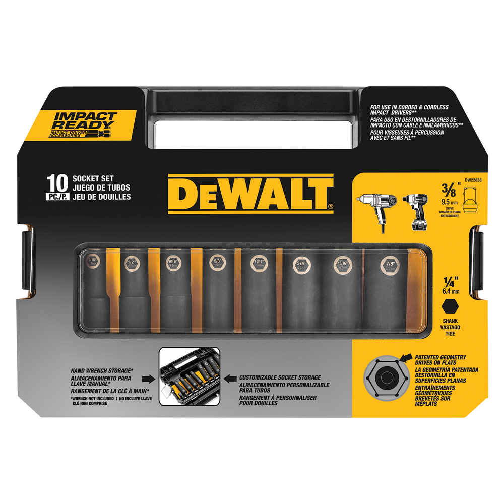 DEWALT รุ่น DW22838 ชุดลูกบ๊อกซ์ 10 ชิ้น 3/8นิ้ว (ลูกยาว)