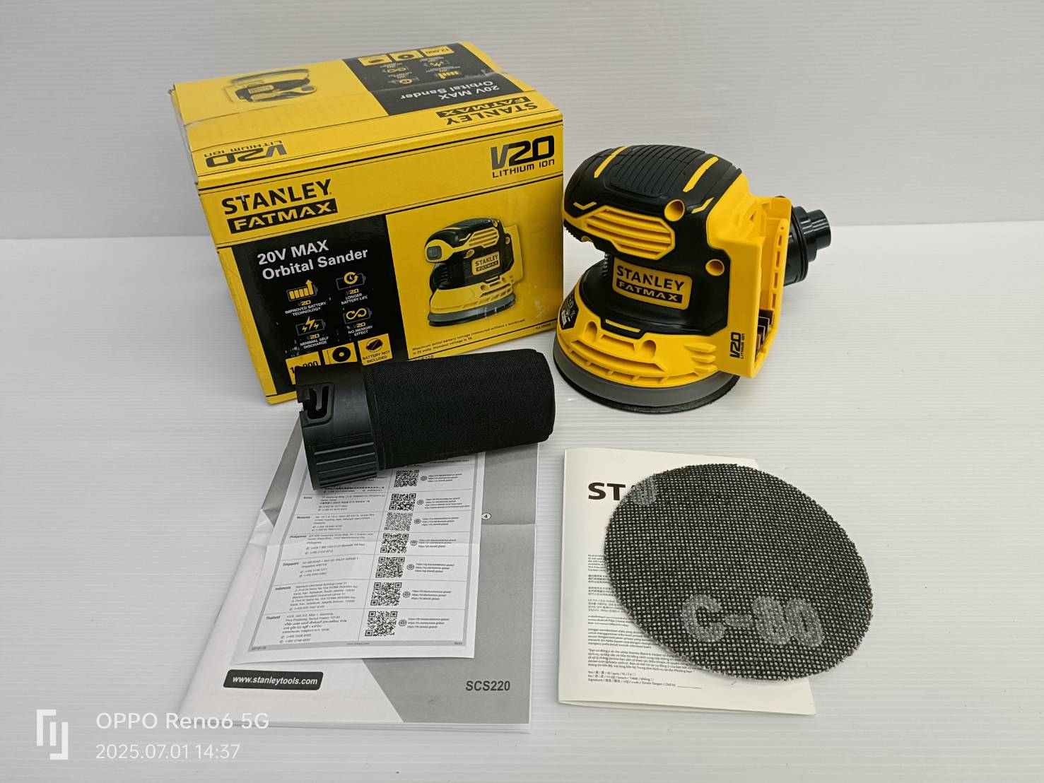STANLEY รุ่น SCS220-B1 เครื่องขัดกระดาษทรายกลม 125มม ไร้สาย 20V เฉพาะตัวเครื่อง