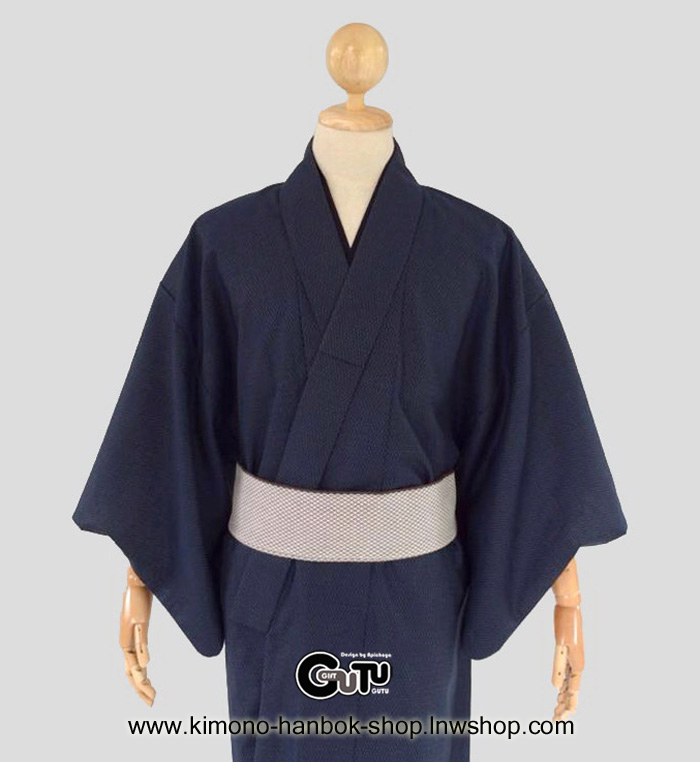 set.กิโมโนชาย สีกรม(น้ำเงินเข้ม)001+ โอบิแบบสำเหร็จชาย(สีขาวพื้น)