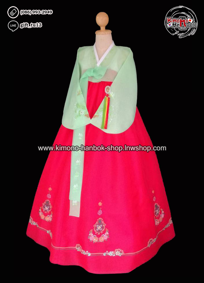 ชุดฮันบก เสื้อสีเขียวอ่อน/กระโปงสีแดง(M-L 36 นิ้ว)