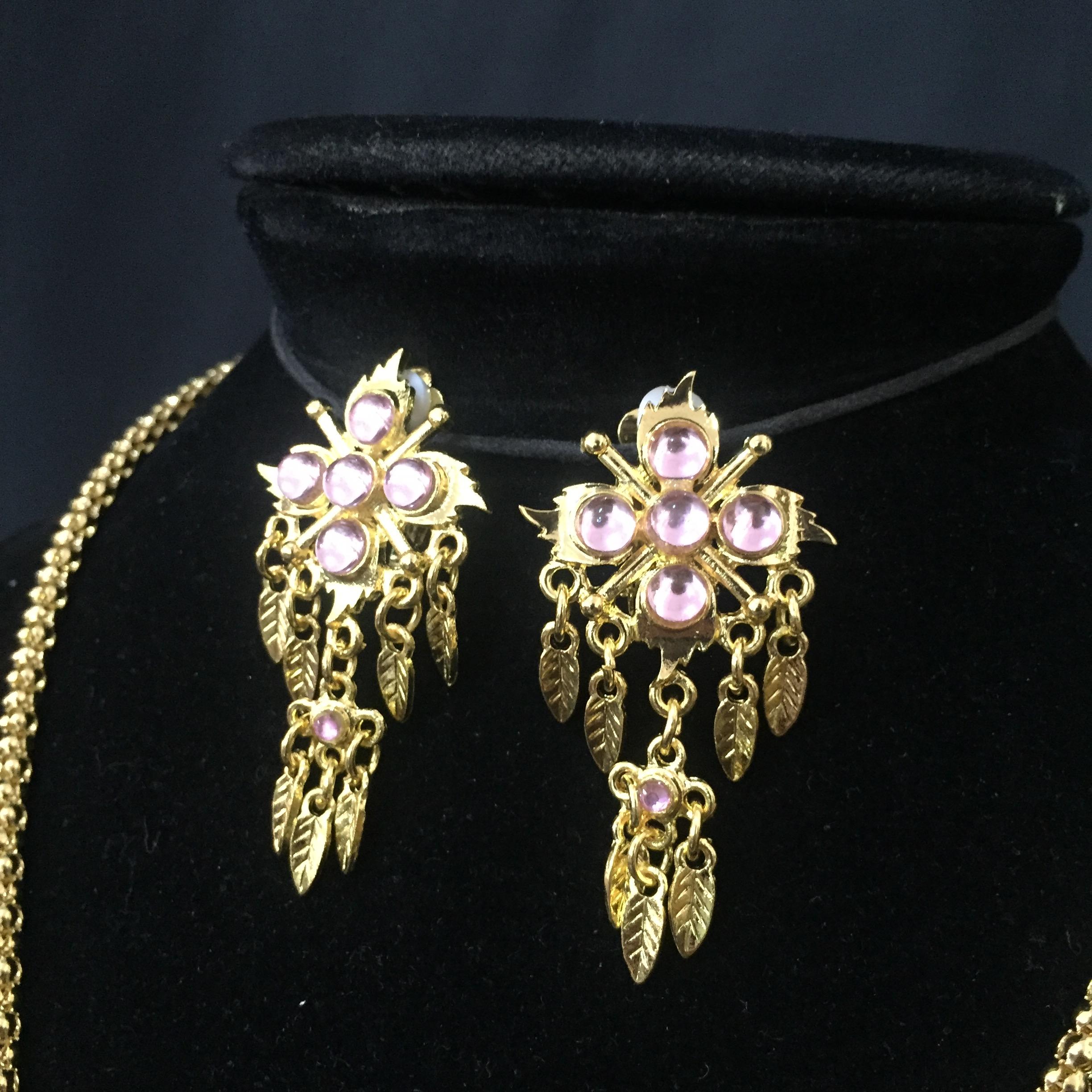 (พร้อมส่ง) เครื่องประดับไทยสร้อยคอ+ต่างหู 058 (หนีบ) สีชมพู