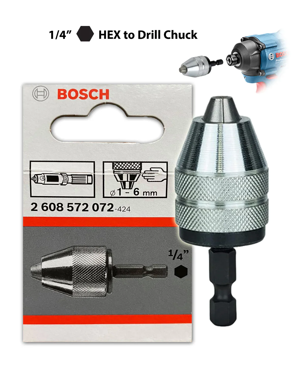 หัวต่อ1/4 ก้านหกเหลี่ยม จับดอกสว่าน 1-6มม. BOSCH 2608572072