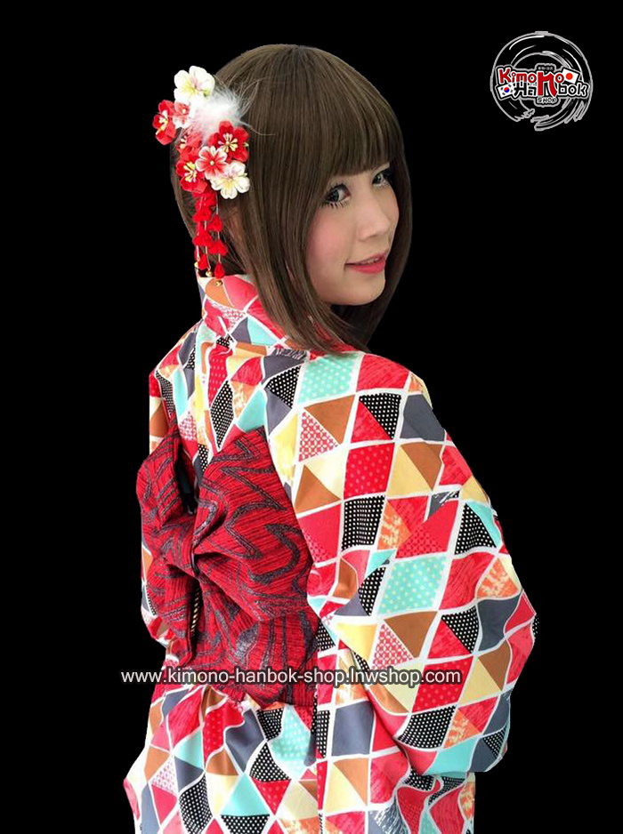 set.ยูกาตะลายเลขาคณิต คู่โอบิสีแดงลาย