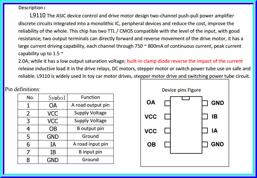 1x L9110H H-Bridge Dual DC motor Stepper motor drive DIP8 PINs IC Chip