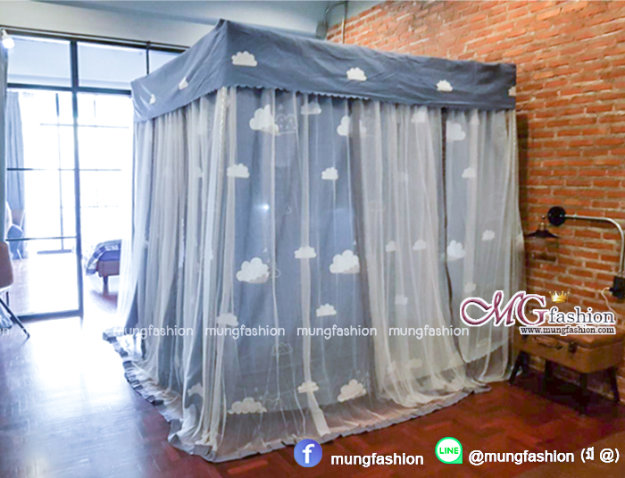 ผ้าทึบ+ผ้าโปร่ง NO.75 สีกรมท่า+เสาขาว ขนาด 4 ฟุต มุ้งฮวงจุ้ย 2 in 1
