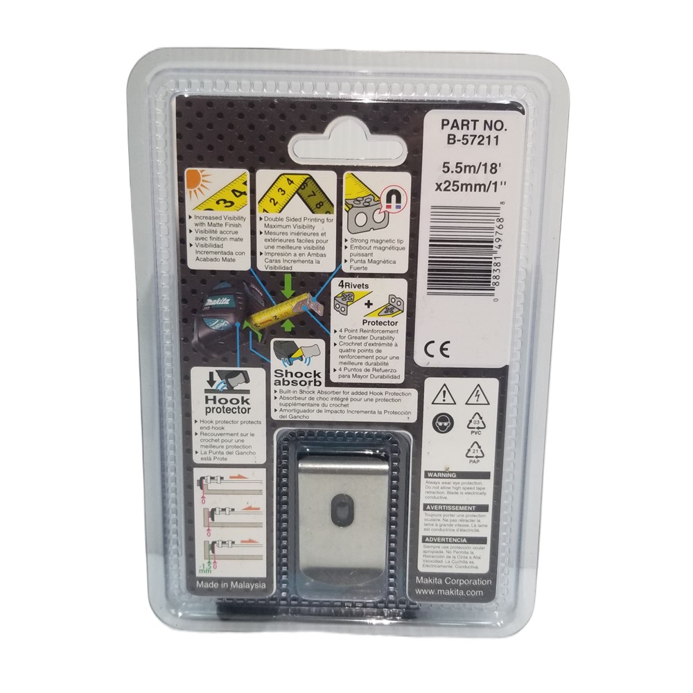 ตลับเมตร 5.5m/18ftx25mm/1″ (มิล/นิ้ว) B-57211 MAKITA มีแม่เหล็ก