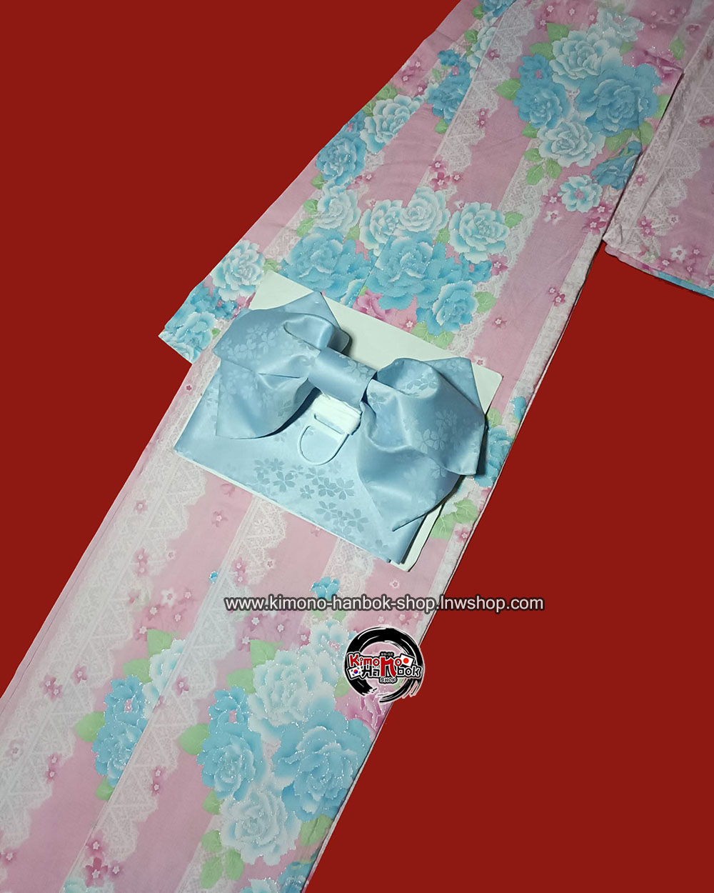 ยูกาตะชมพูลายกุหลาบ01 *เดินเส้นกากเพชร