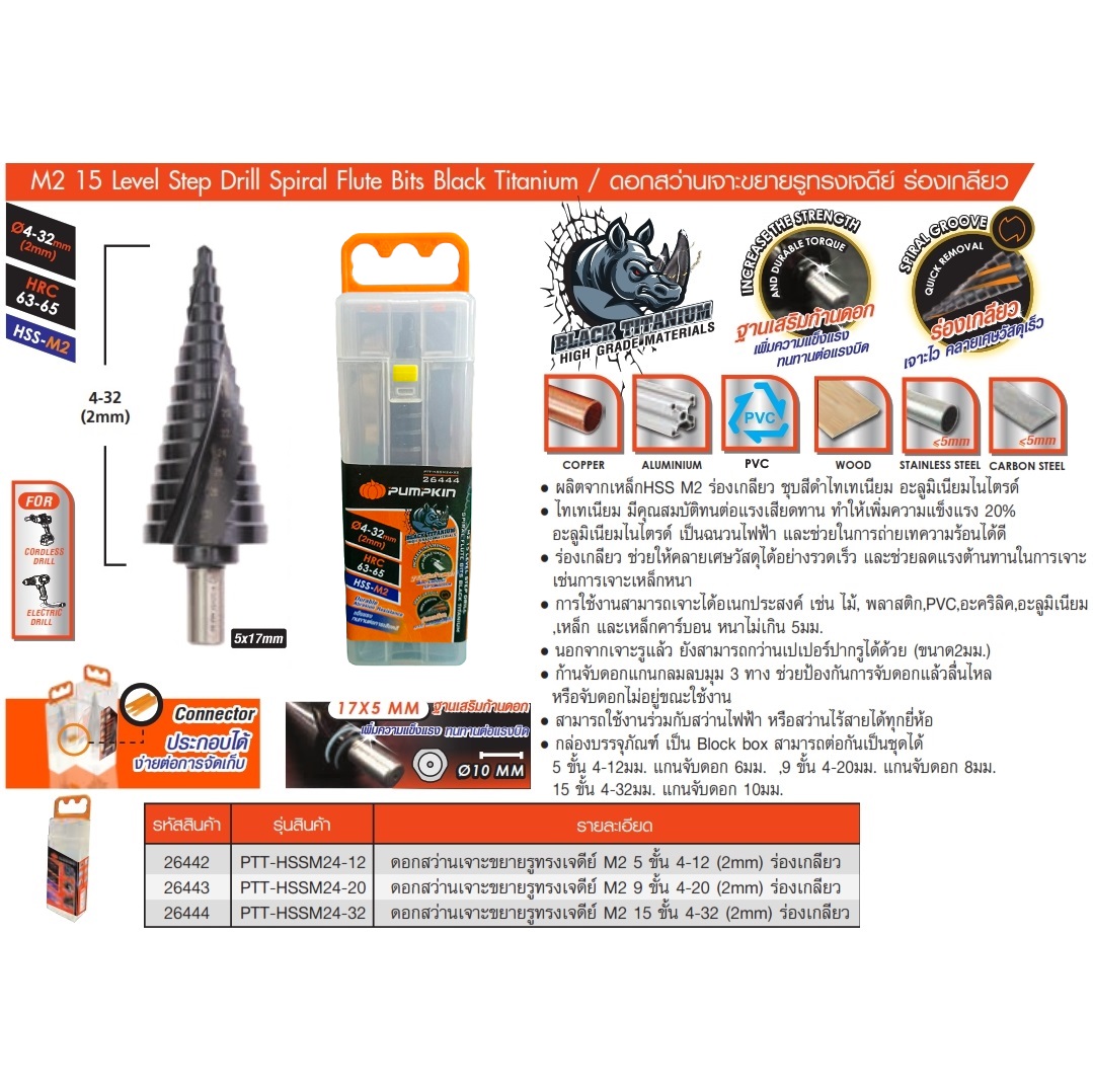 ดอกสเต็ปHSS-M2 4-32mm. PTT-HSSM24-32 PUMPKIN