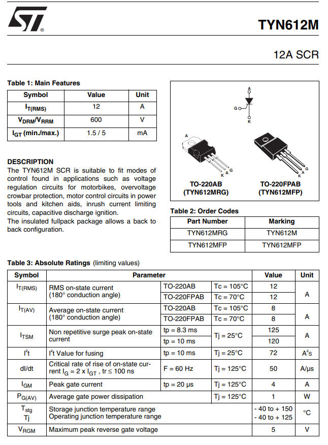1x TYN612M THYRISTOR SCR 600V 12A
