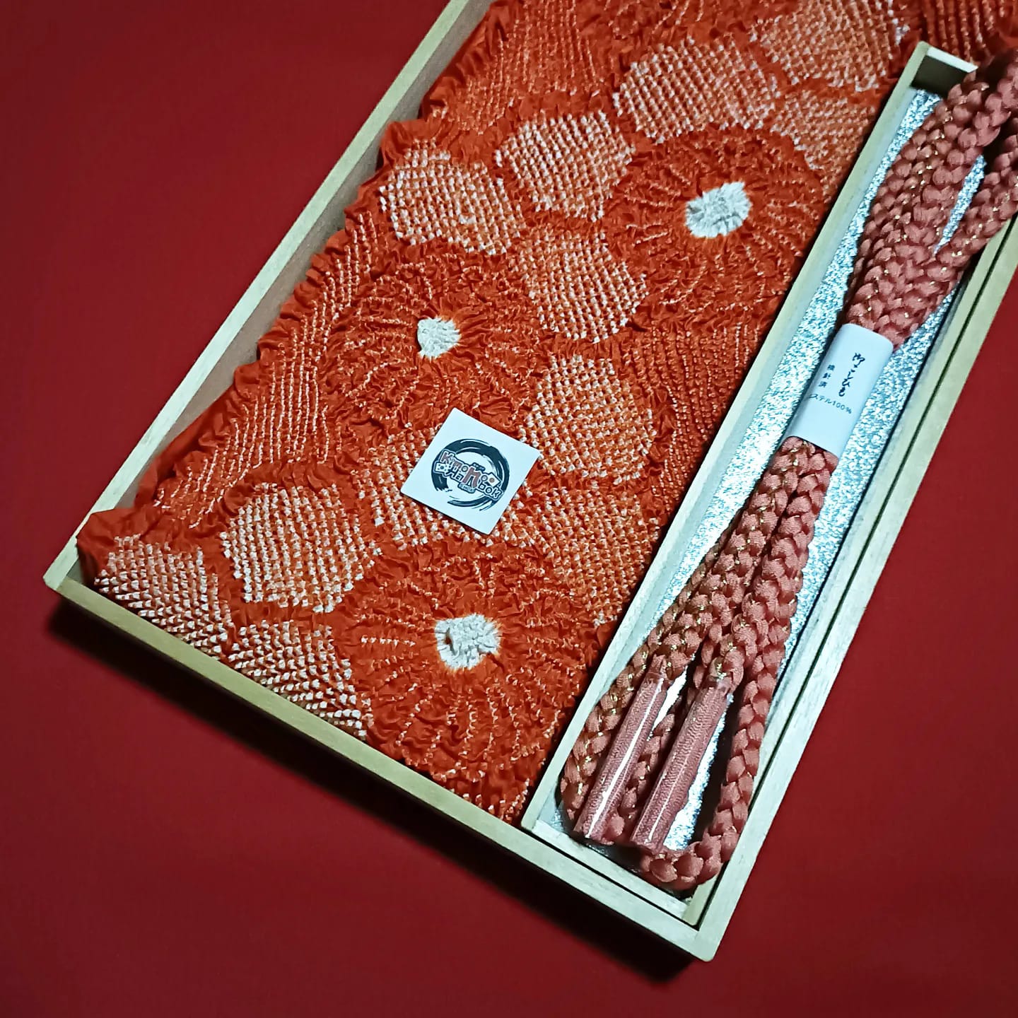 setผ้าชิโบริ+เชื่อกประดับโอบิ สีส้ม01