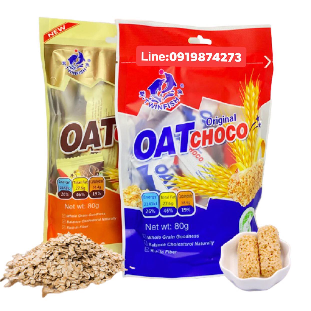 Oat Choco ขนมข้าวโอ๊ตอัดแท่ง ห่อเล็ก มี 4 รสชาติ ปริมาณ 80 กรัม เหมาะกับคนที่รักสุขภาพ อร่อย ครบรส รสชอคโกแลต Twinfish ข้าวโอ๊ตอัดแท่ง ธัญพืชจากธรรมชาติ พลังงานสูง ไขมันคอเลสเตอรอลต่ำ จุ่มนมหรือจิบชากาแฟมื้อเช้า บ่าย อร่อยทุกรส