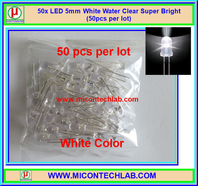 50x แอลอีดี ขนาด 5 มม. สีขาว แบบใส LED 5mm Super Bright