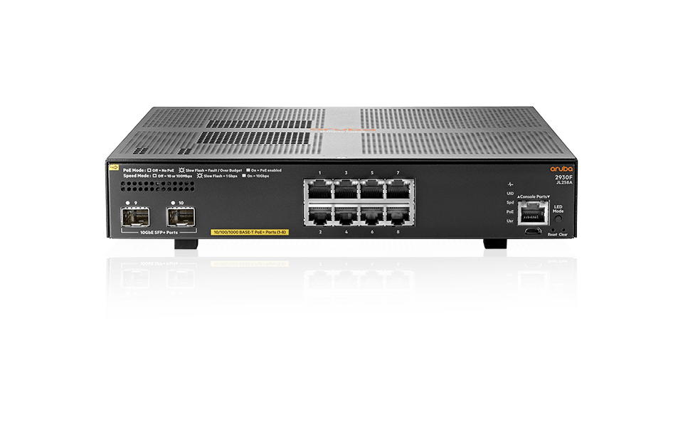 HPE Aruba 2930F 8G PoE+ 2SFP+ Switch JL258A (8 x PoE+ ports, 2 SFP+ ports, 125W)
