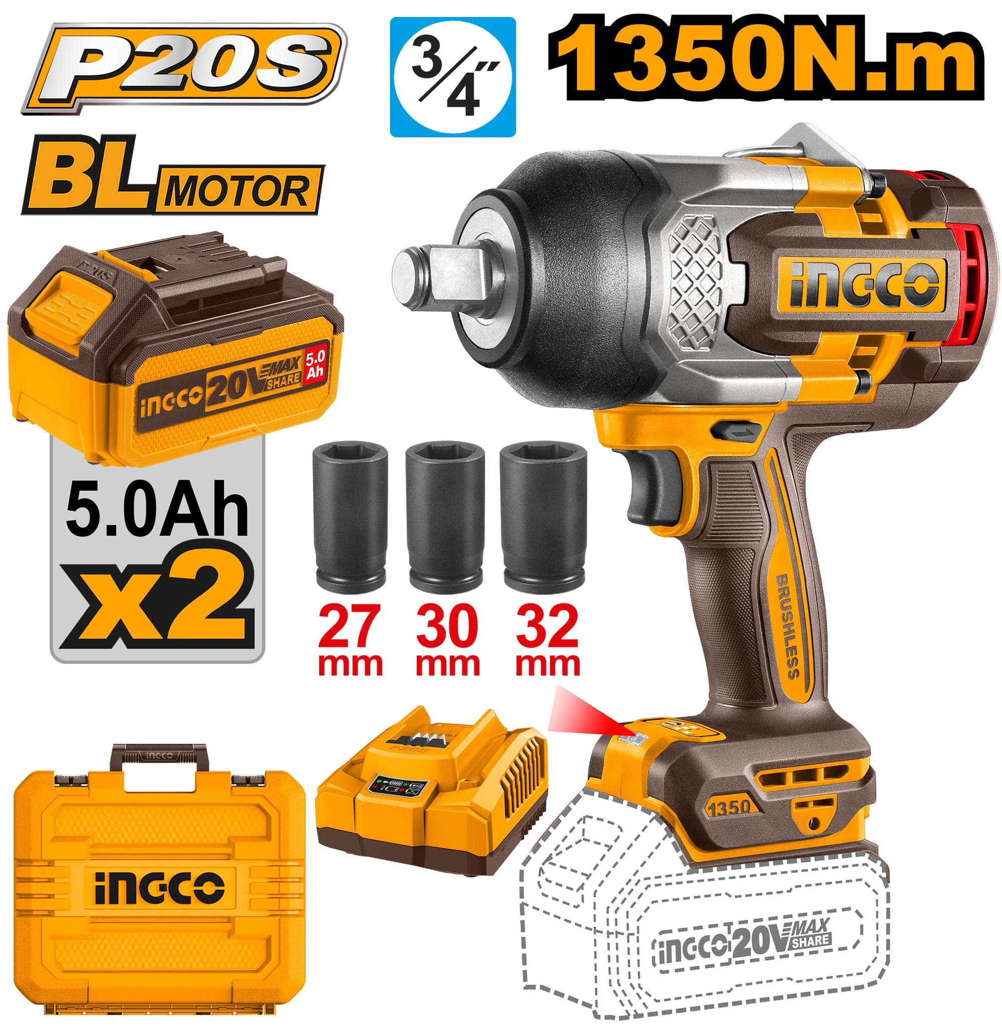 INGCO บล็อกไร้สาย3/4 1350Nm. รุ่น CIWLI20135 ครบชุด