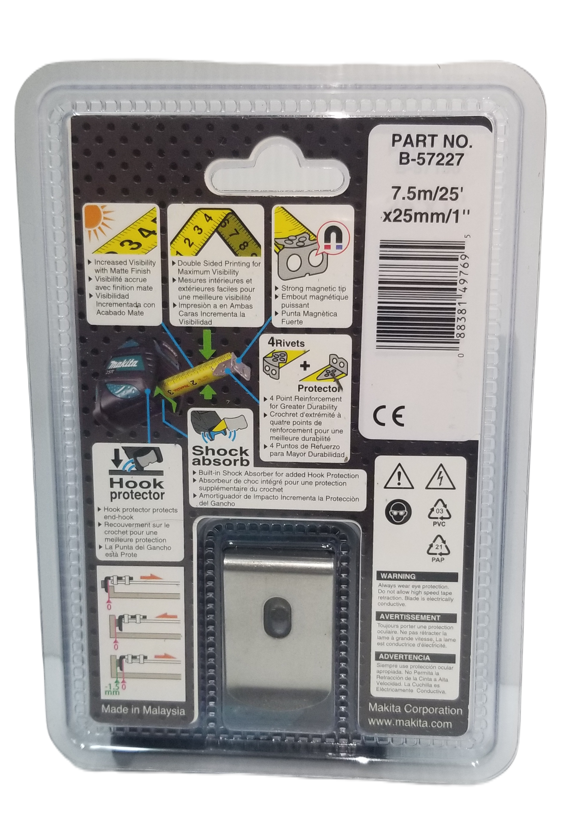 ตลับเมตร 7.5m/25ftx25mm/1″ (มิล/นิ้ว) B-57227 MAKITA มีแม่เหล็ก