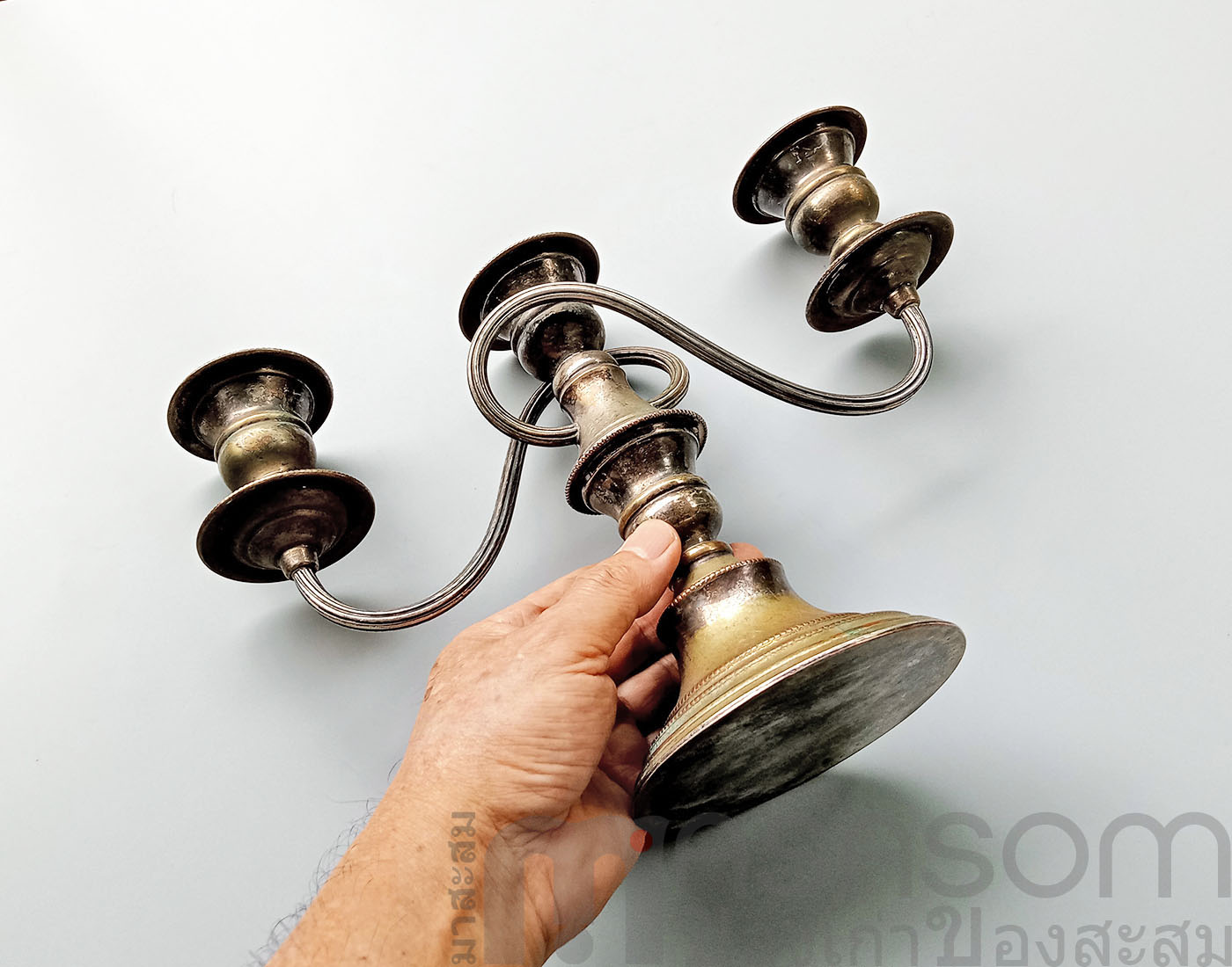 เชิงเทียนทองแดงกะไหล่เงิน