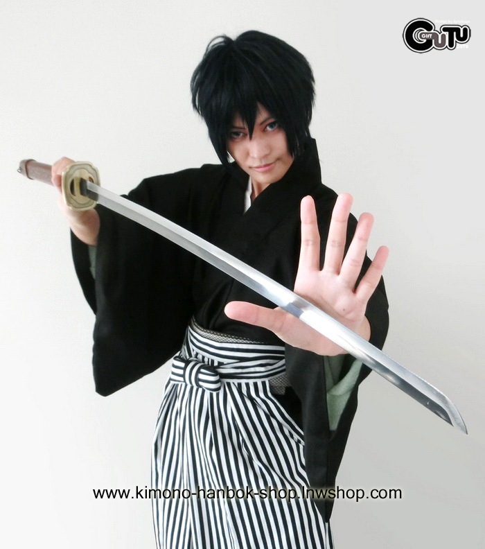 Set. กิโมโน(หน้าร้อน)ชาย+ฮากามะ สีขาว-ดำ