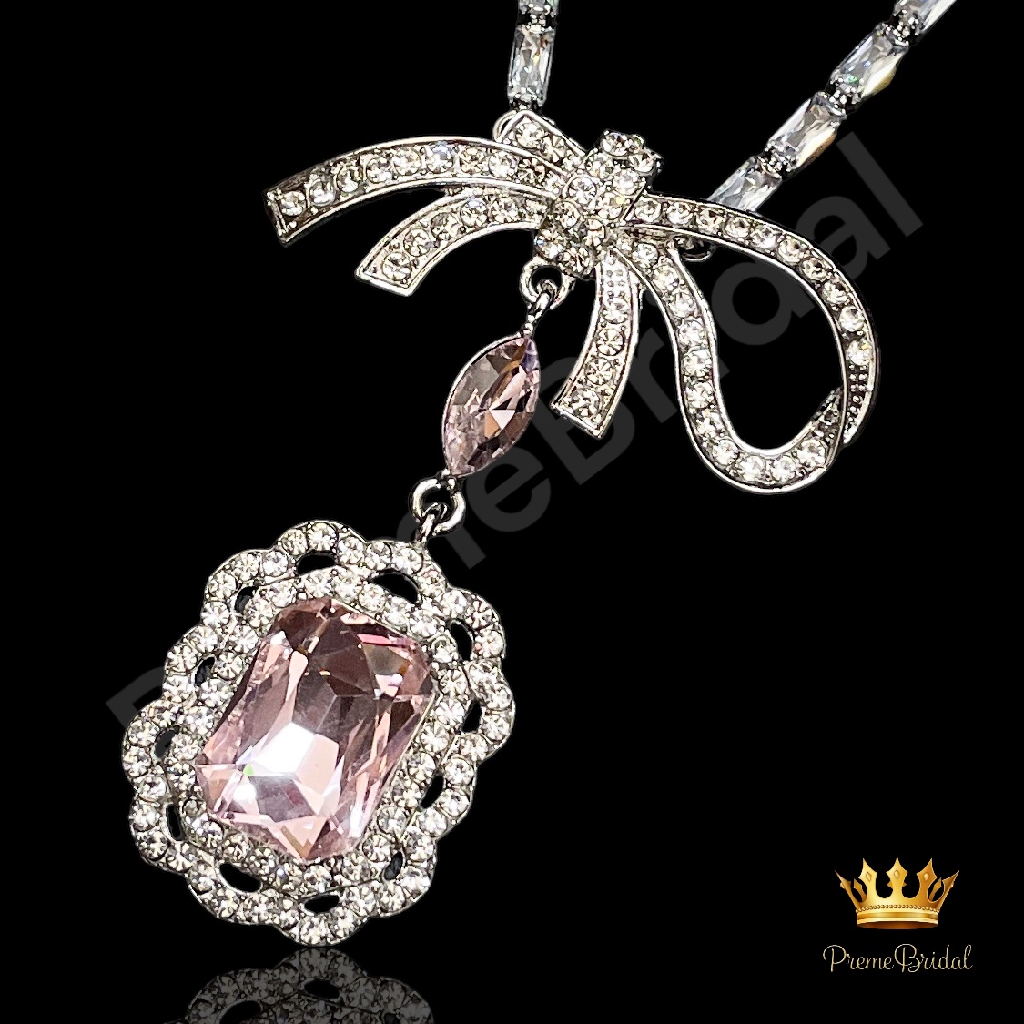 (พร้อมส่ง) สร้อยคอเพชร+ต่างหูแบบเข็ม 015 ใส่ออกงาน สวยหรูดูแพง โบว์สีชมพูหวานมาก