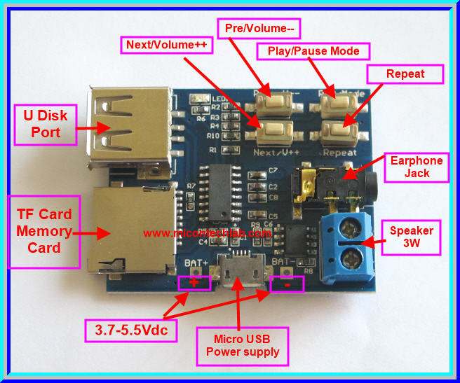 1x วงจรเล่นไฟล์ MP3 จาก SD card พร้อมวงจรขยายสัญญาณ