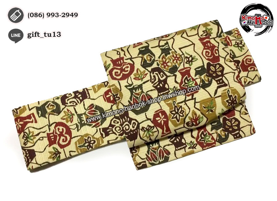 โอบิสำเร็จทรงหมอนสีเหลือง ผ้าพิมพ์ลาย มือ1 สภาพ95%